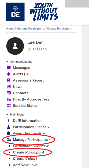 Screenshot of the left hand menu panel on a DofE Leader eDofE Account, with Manage Participants and Create Participants selected and circled for emphasis.
