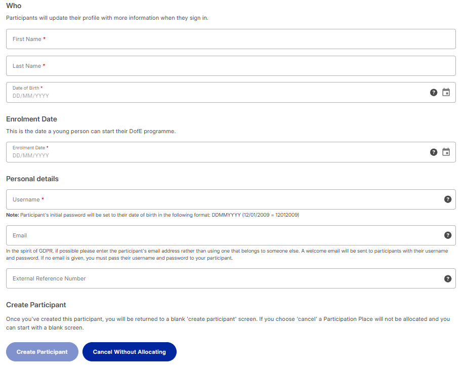 The bottom half of the Create Participant form with fields under the subheadings Who, Enrolment Date and Personal Details. There are two buttons at the bottom labelled Create Participant and Cancel Without Allocating.