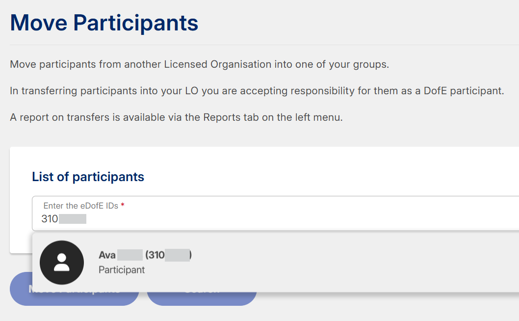 Screenshot of the Move Participants screen with an ID number entered into a search box under the subheading List of participants. A partially-redacted result is shown below, obscuring two buttons.