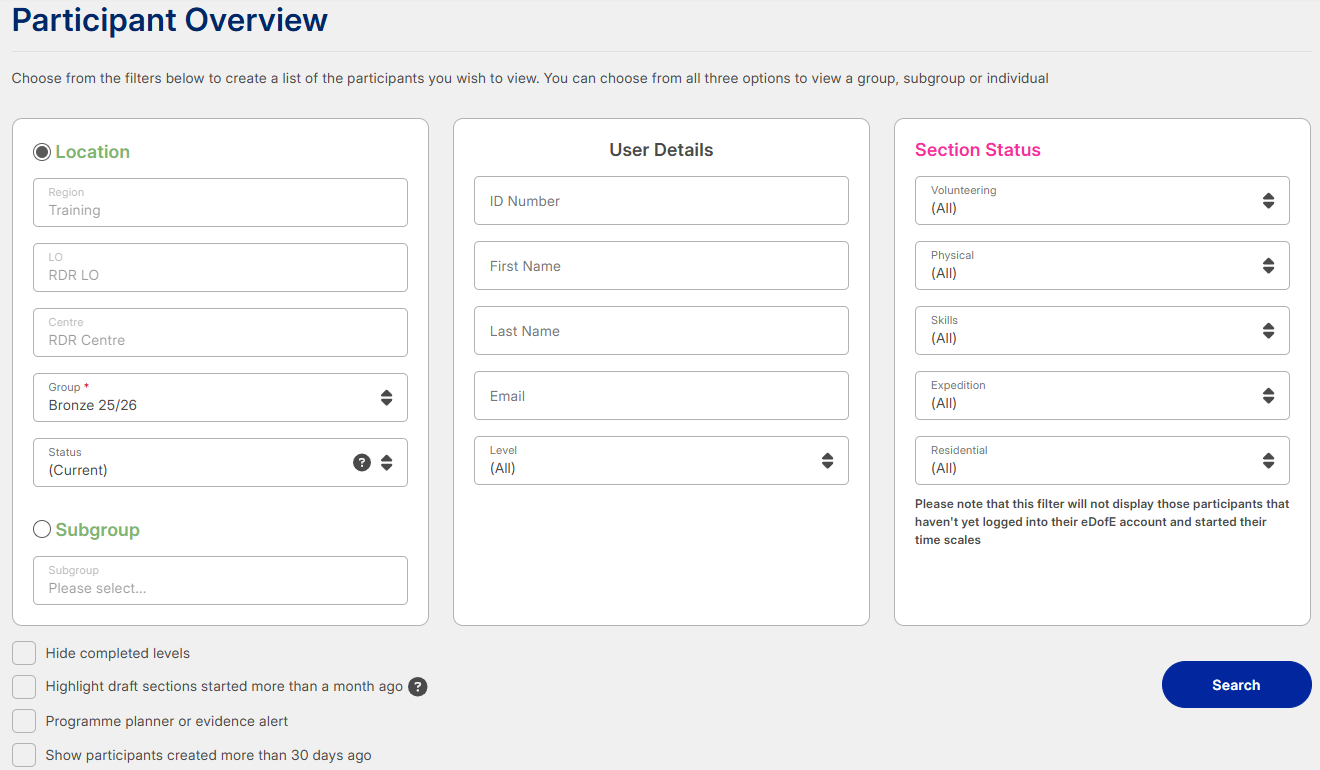 Participant Overview screen with three filter sections headed Location, User Details and Section Status and a button labelled Search in the bottom right.