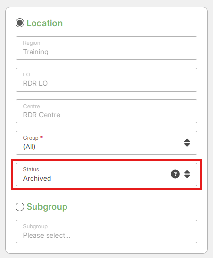 Part of the Participant Overview screen showing the Location filter section. The box labelled Status has been set to Archived and is emphasised with a rectangle.