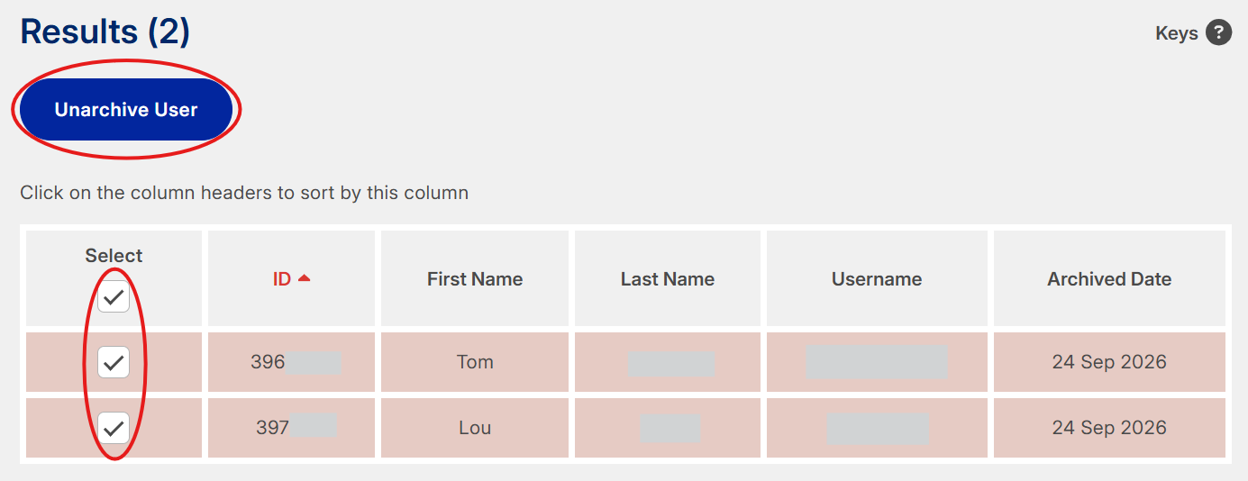 Results table from a filtered Participant Overview screen with only Archived participants displayed. The table shows two participants, and the tick boxes to the left of them both have been ticked and circled for emphasis, as well as the Select box at the top of the column. There is only one button above the table, labelled Unarchive User, which has been circled for emphasis.