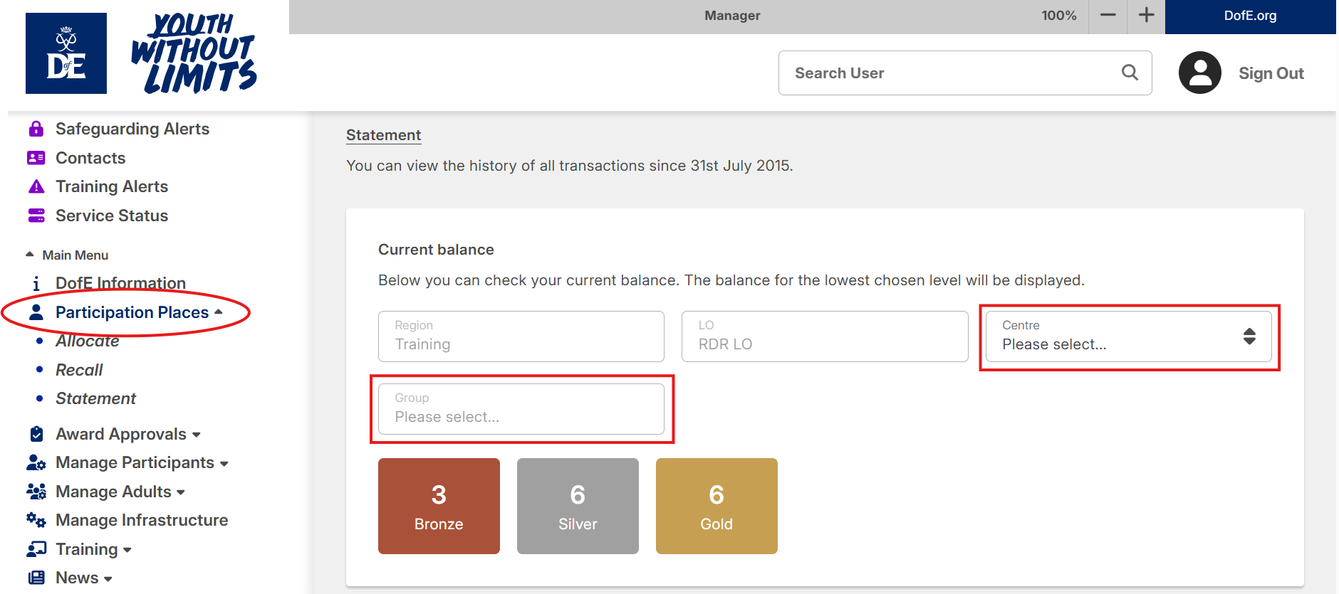 Screenshot of the Participation Places screen in eDofE. Participation Places has been selected and circled in the left hand menu. In a box on the main screen with the heading Current Balance, there are four filter boxes with the boxes for Centre and Group highlighted. Below that are three colour-coded rectangles showing 3 Bronze, 6 Silver and 6 Gold places are available.