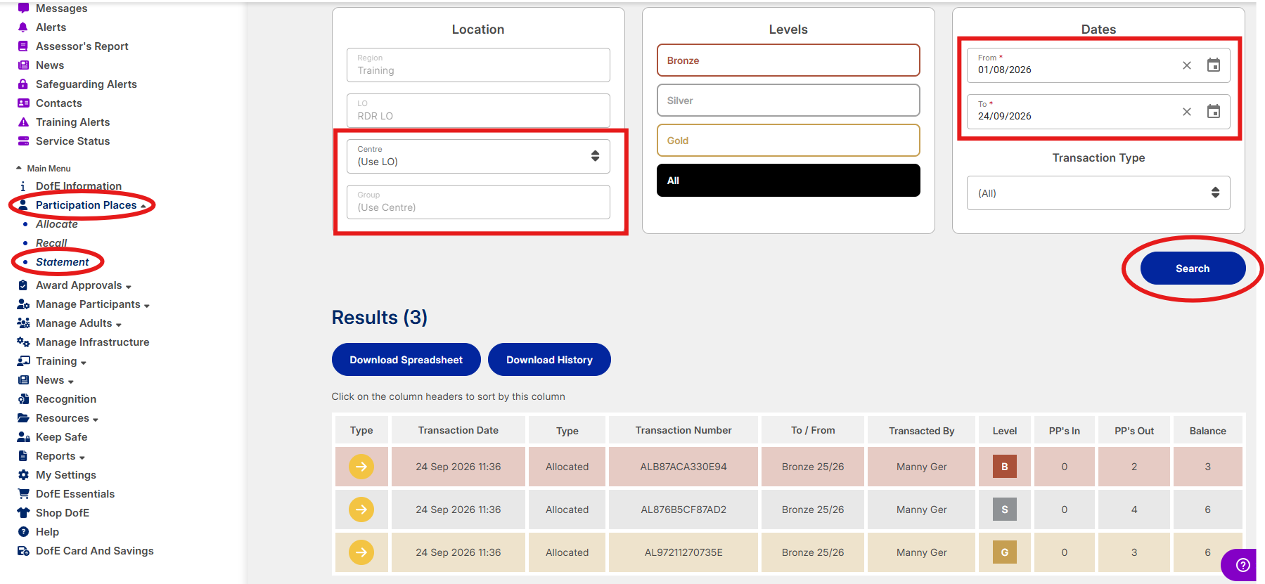 Screenshot of the Participation Places Statement screen in eDofE. Participation Places and Statement have been selected and circled in the left hand menu. On the main part of the screen there are three filter sections for Location, Levels and Dates, and the filters for Centre, Group, Date from and Date to have been highlighted. A Search button has been circled below the Dates box on the right. At the bottom of the screen is a results table with two buttons above labelled Download Spreadsheet and Download History. The table contains details of three colour-coded transactions.